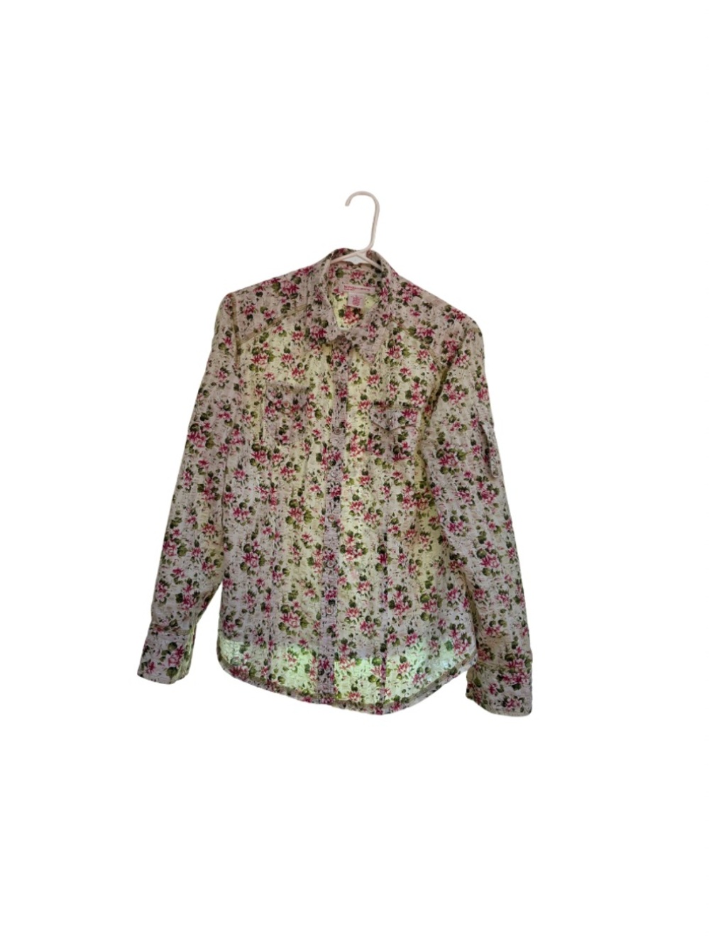 Nine West White Button-Down Shirt with Pink & Green Floral Print